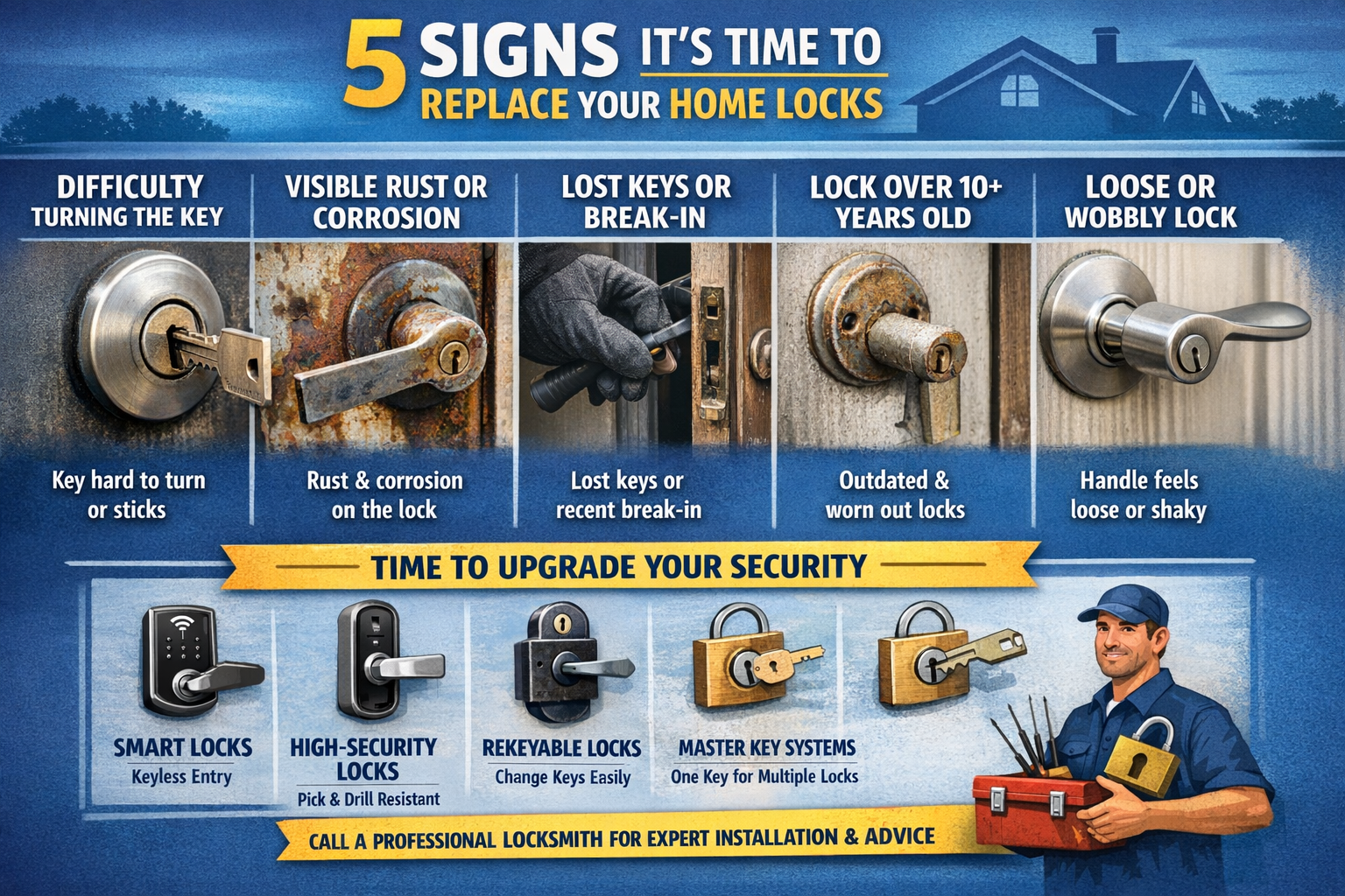 Infographic showing 5 signs to replace home locks including rust, lost keys, and difficulty turning the key