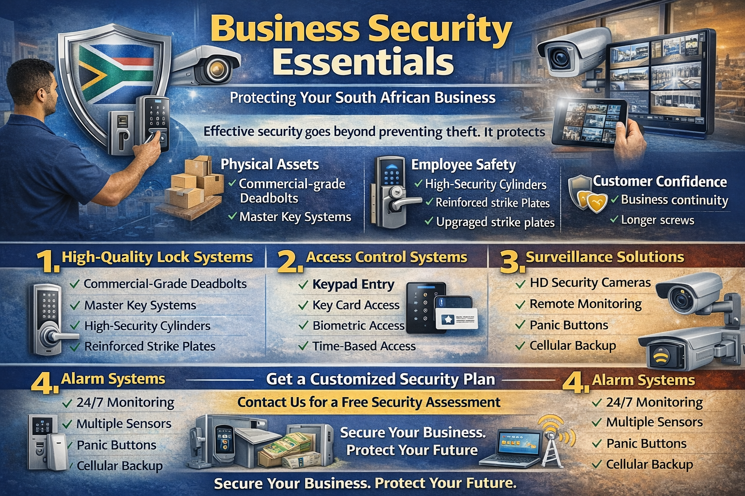 Infographic: Business Security Essentials for South African businesses including access control, surveillance, and alarm systems