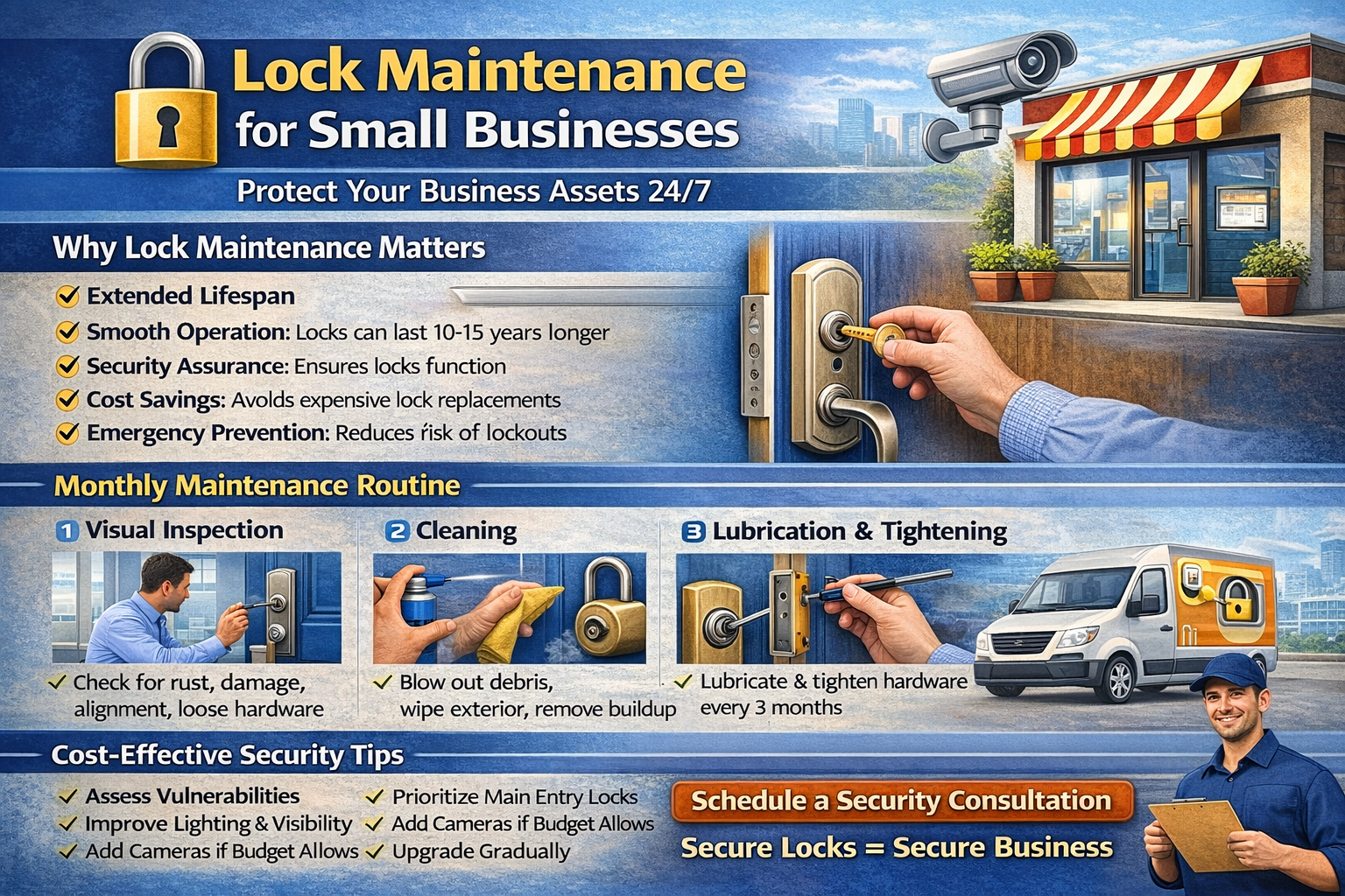Infographic: Lock maintenance for small businesses, including monthly routines like visual inspection, cleaning, and lubrication