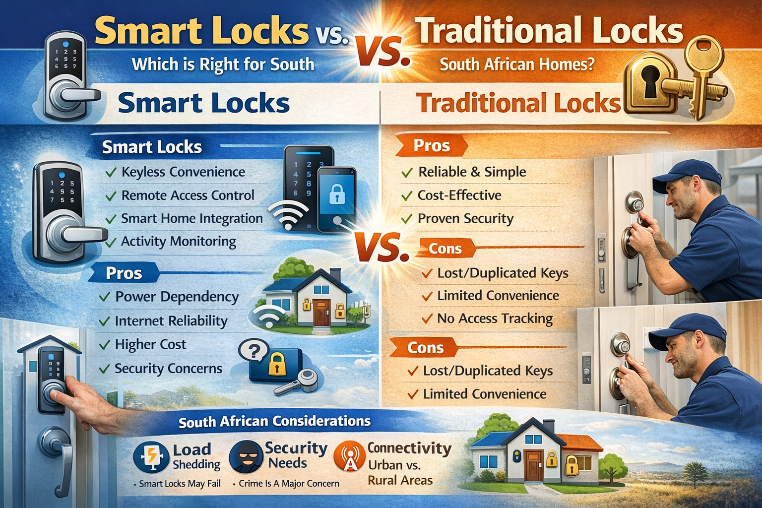 Infographic comparing Smart Locks vs Traditional Locks in South Africa, covering load shedding and connectivity concerns