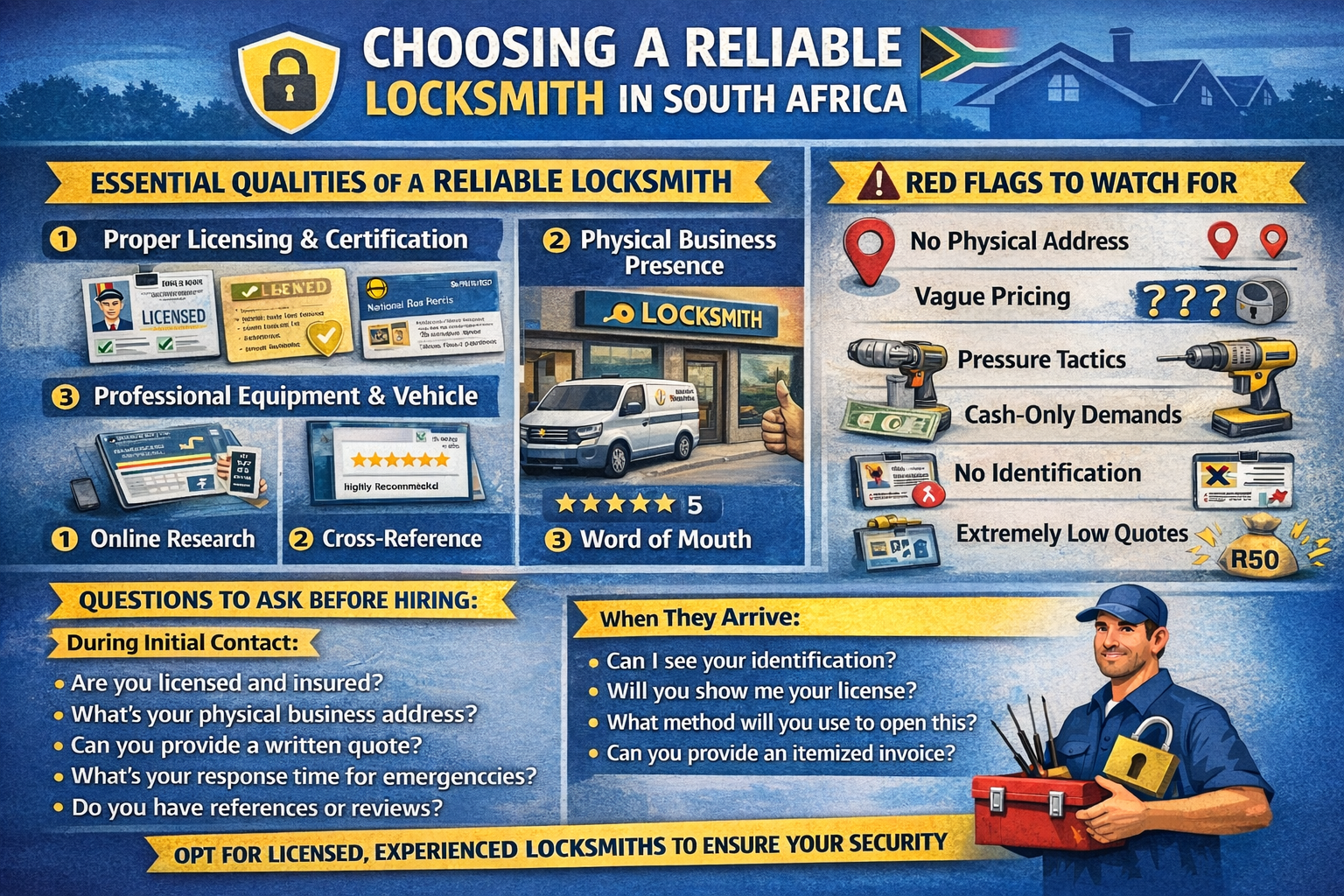 Infographic: How to choose a reliable locksmith in South Africa featuring licensing, red flags, and essential questions