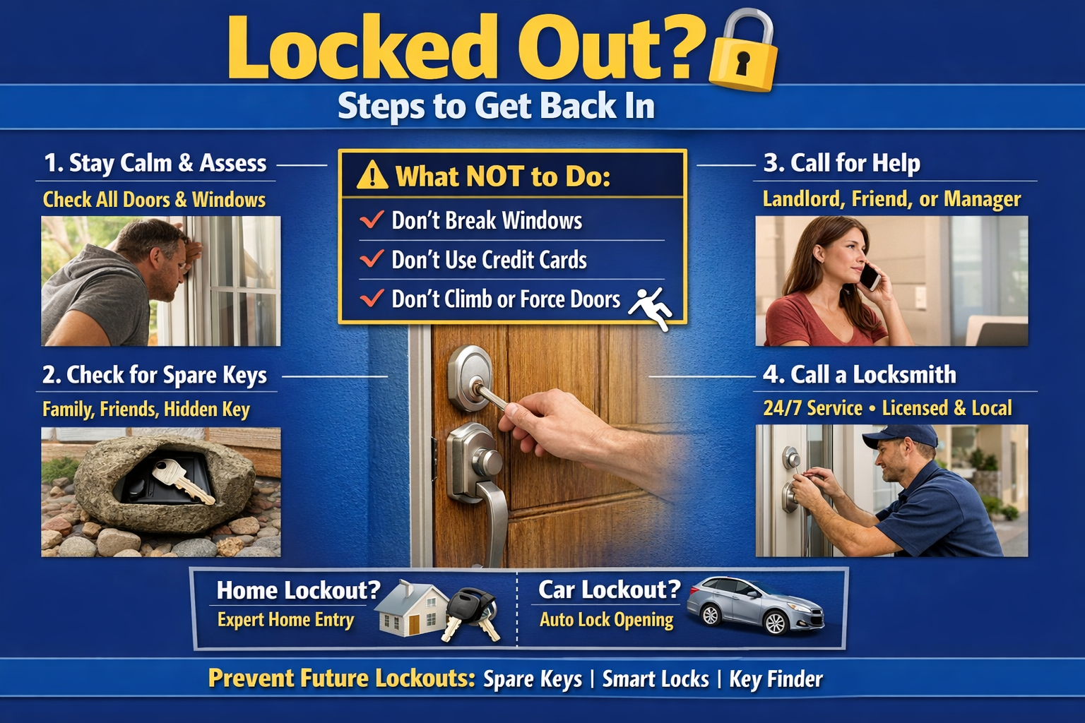 Infographic: Steps to get back in when locked out, including staying calm, checking for spare keys, and calling a professional locksmith